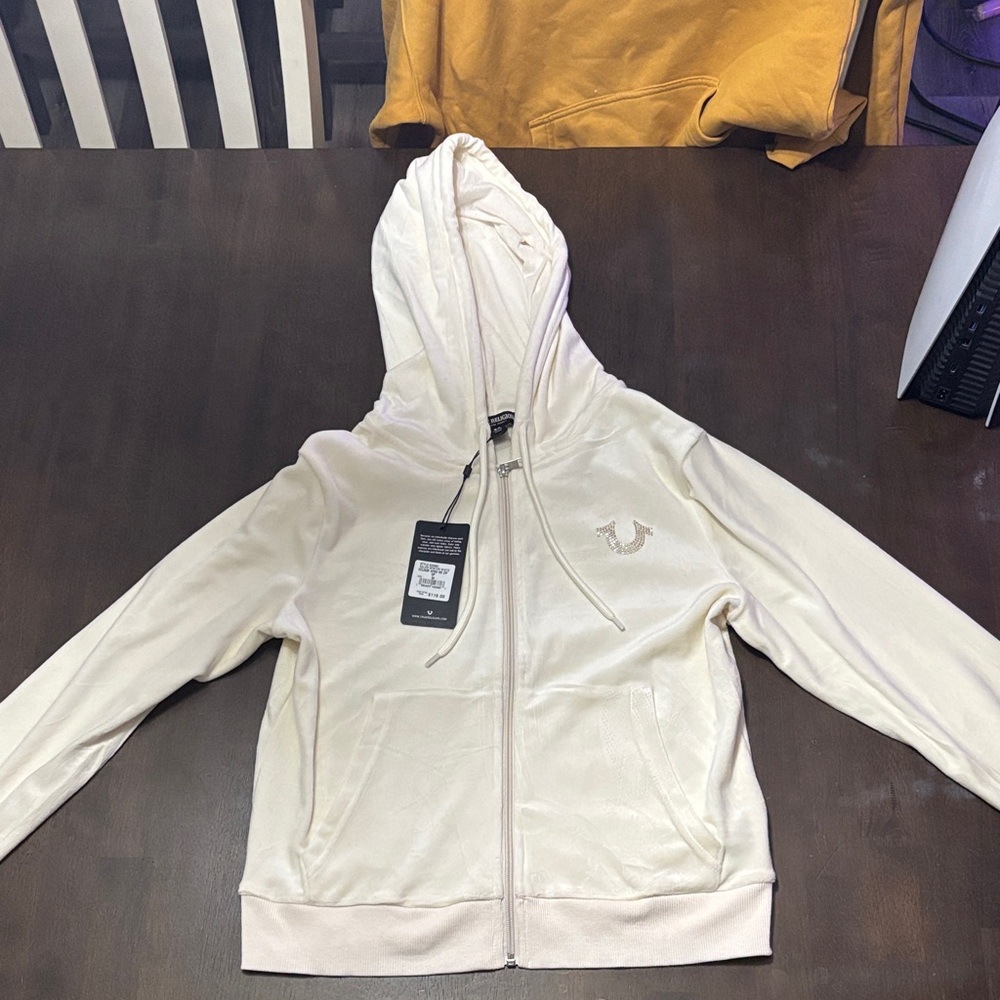 True Religion Cream Hoodie with Gold Embellishment